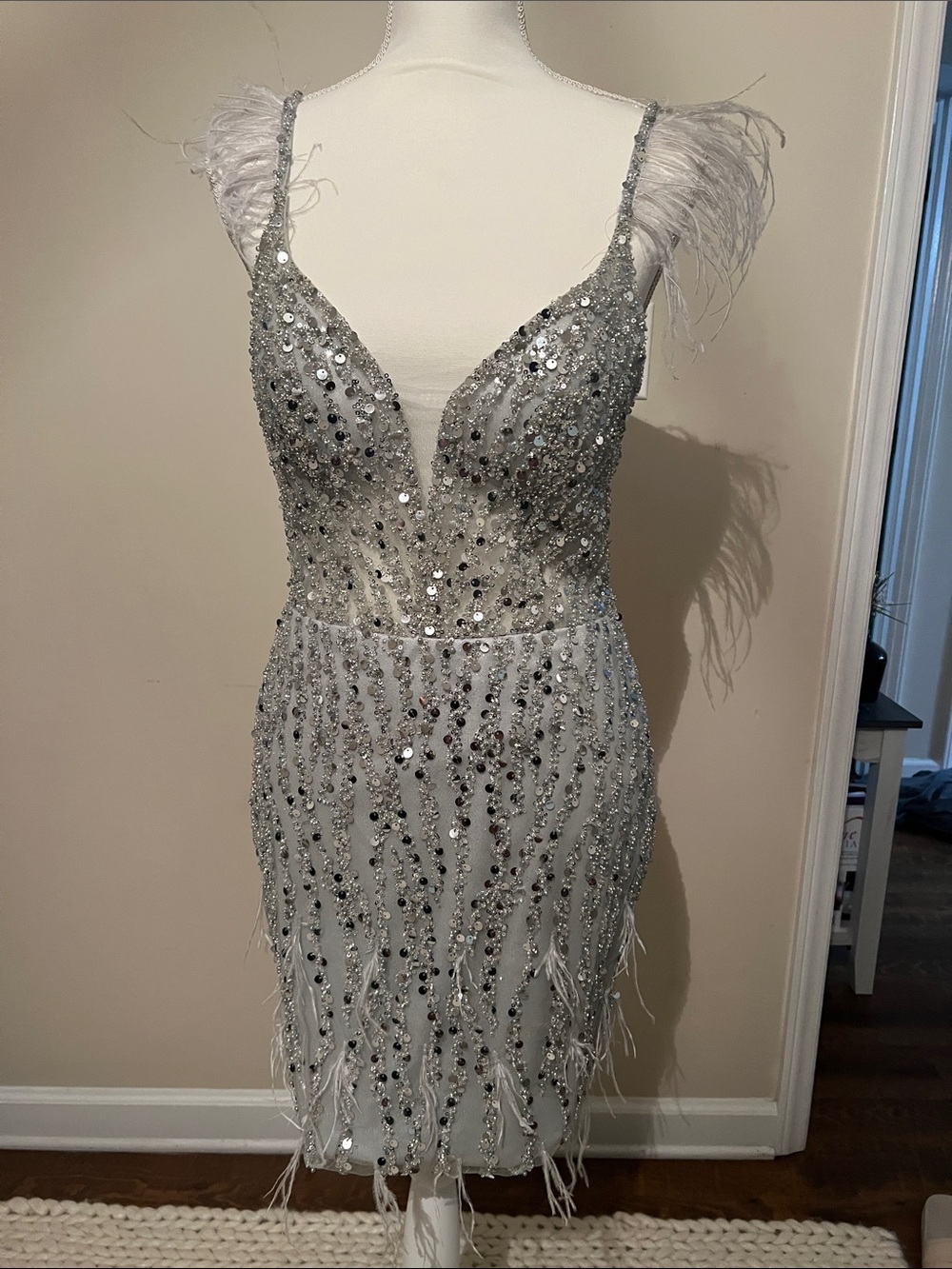 Gianni Bini Silver Sequin & Feather Mini Dress